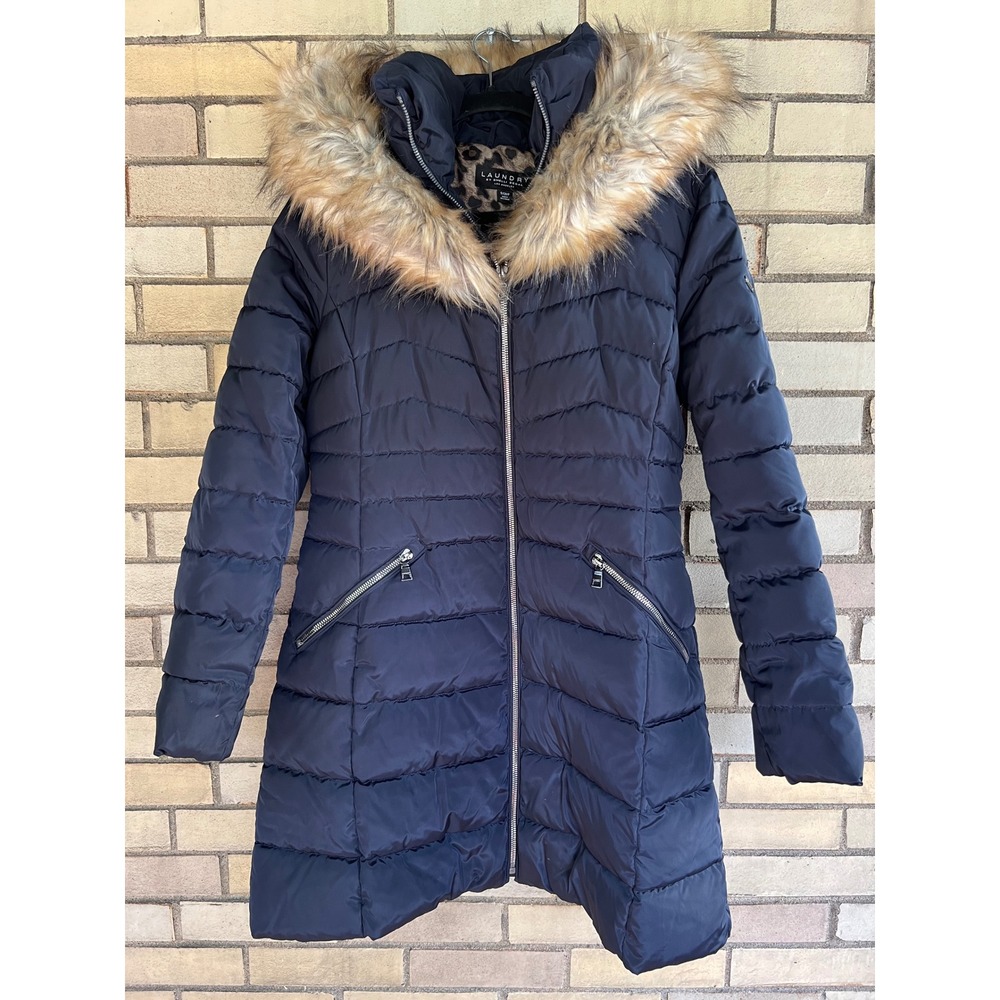 Laundry by Shelli Segal Navy Blue Long Puffer Coat Faux Fur Trim Hood Size Small